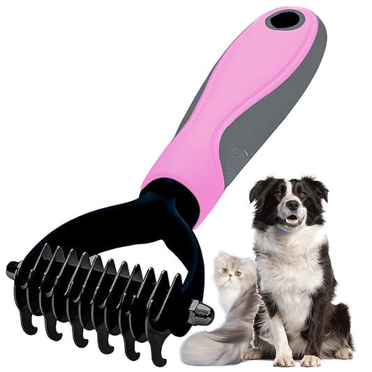 Pet Grooming Brush - Shedding Comb & Dematting Tool for Dogs & Cats, Extra Wide Undercoat Rake, Pink