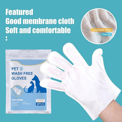 Pet Wash Free Grooming Gloves, 6Pcs Cleaning Cat Dog Wipes for Face, Ear, Eye, Paws Pet Body Rinse Free Gloves, No Rinse Thick Extra Puppy Wipes, Disposable Plant-Based Dog Bath Wipes