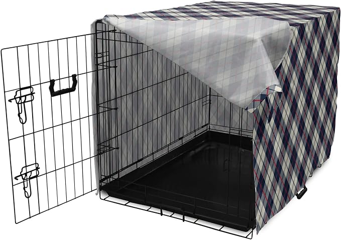Lunarable Plaid Dog Crate Cover, Celtic Fashion Diagonal Retro Style Classical Irish Culture Inspiration, Easy to Use Pet Kennel Cover for Medium Large Dogs, 42 Inch, Night Blue Red Beige