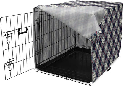 Lunarable Plaid Dog Crate Cover, Celtic Fashion Diagonal Retro Style Classical Irish Culture Inspiration, Easy to Use Pet Kennel Cover for Medium Large Dogs, 42 Inch, Night Blue Red Beige