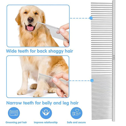 ROPO Dog Comb Tool for Removing Matted Fur - Pet Dematting Comb with Rounded Teeth and Non-Slip Grip Handle - Prevents Knots and Mats for Long and Short Haired Pets (Square handle, Silver)