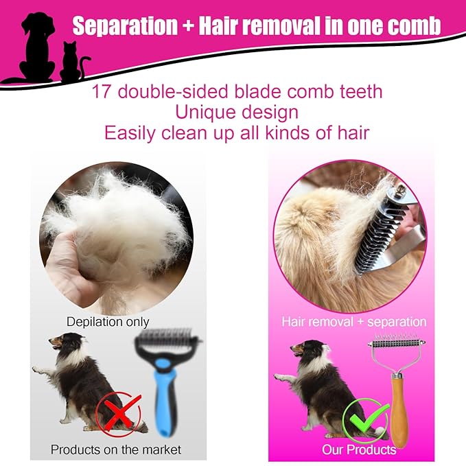 Pet Dematting Comb for Dogs and Cats with Wood Handle, Deshedding Undercoat Rake for Dogs with Stainless Steel Blades, Dog Comb for Detangling Thinning and Shedding, All Hair Types