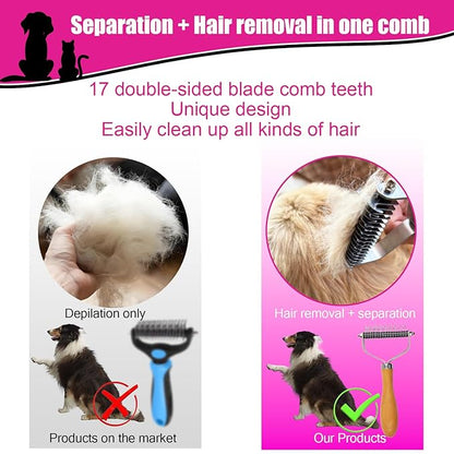 Pet Dematting Comb for Dogs and Cats with Wood Handle, Deshedding Undercoat Rake for Dogs with Stainless Steel Blades, Dog Comb for Detangling Thinning and Shedding, All Hair Types