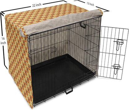 Lunarable Thanksgiving Dog Crate Cover, Checkered Pattern with Funny Cartoon Gobbler and Fallen Autumn Leaves, Easy to Use Pet Kennel Cover for Small Dogs Puppies Kittens, 22 Inch, Red Yellow Brown