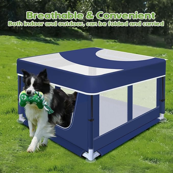 Dog Playpen with Cover, 42x42x25.6 Inches Foldable Portable Soft Puppy Playpen with Gate, Thickened Fabric Mesh Dog Fence with High-Strength Nylon Wire Mesh, Indoor Outdoor Breathable Exercise Cage