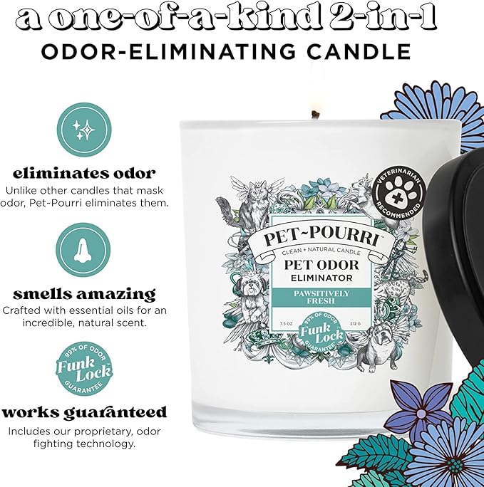 Pet-Pourri Pawsitively Fresh Pet Odor Bundle - 16 Fl Oz Air and Fabric Freshener Spray and 7.5 Oz Candle – Jasmine, Fresh Air and Pear