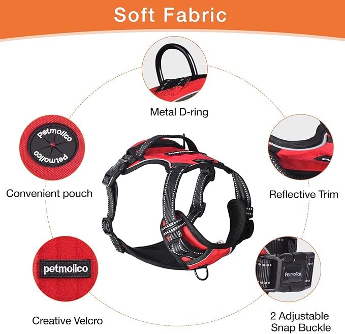 No Pull Dog Harness Medium Reflective Front Clip Vest with Pocket, Adjustable 2 Metal Rings 2 Buckles Easy to Wear & Take Off (Red)