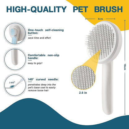 New cat brush&dog brush,pet hair brush with Self Cleaning Button Easy to remove loose undercoat，Needle-tip massage beads, no harm to the skin (Grey)
