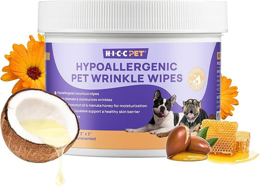 HICC PET Cleansing and Deodorizing Tear Stain Wipes, with Coconut Oil to Nourish Coat, Hypoallergenic Formula, 100 Count