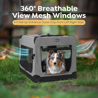 Veehoo 36 inch Folding Soft Dog Crate, 4-Door Portable Collapsible Pet Kennel Travel Dog Crate for Large Dogs, 5 x Durable Mesh Screen, 600D Oxford Fabric, Indoor & Outdoor Use, Grey, CWB2428CP