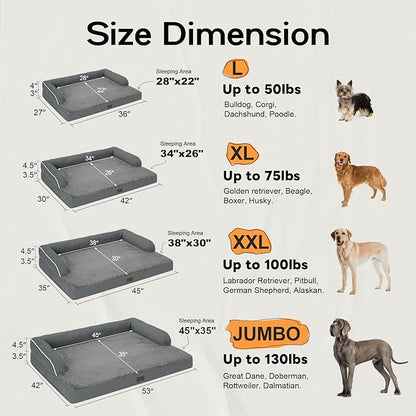 Large Dog Bed Orthopedic Washable - Memory Foam - XXL Large Big Dogs - Beds Bolster Pet - Couch Sofa - Waterproof with Removable Cover - Dark Grey Dog Bed