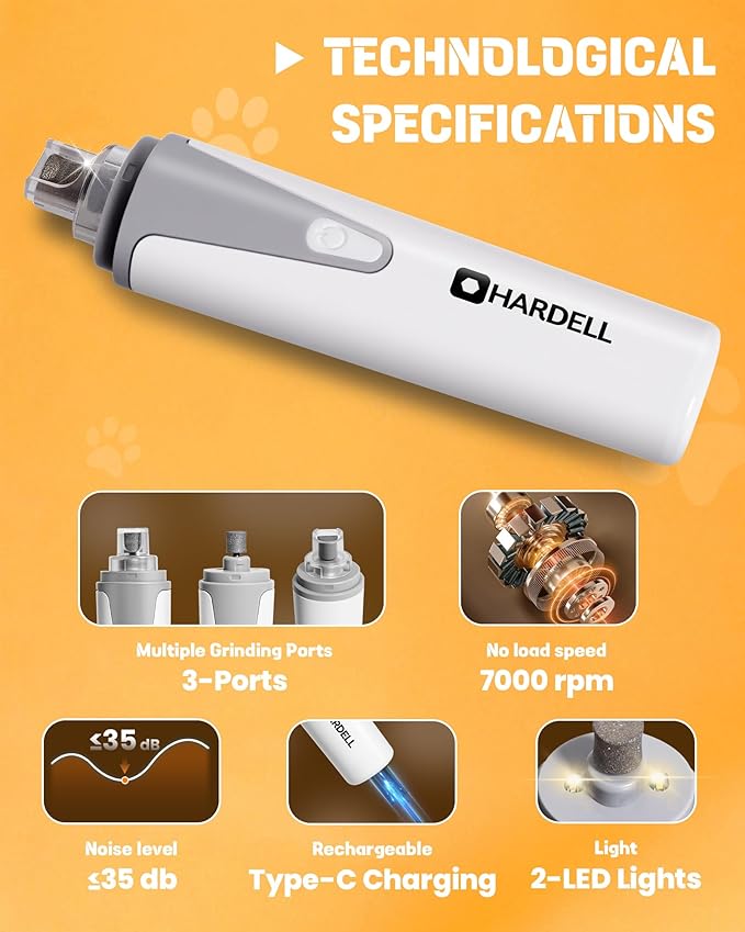 HARDELL Dog Nail Grinder, Super Quiet Dog Nail Trimmers with 2 LED Lights & 3 Grinding Ports, USB Rechargeable and Cordless Safety Dog Nail Clippers Kit for Small Medium Dogs/Cats & Puppy