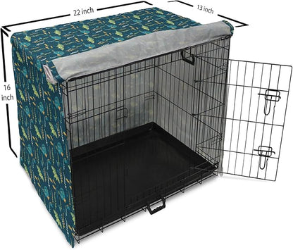 Lunarable Jurassic Dog Crate Cover, Evolution Marine Dinosaurs and Nautical Foliage Animal, Easy to Use Pet Kennel Cover for Small Dogs Puppies Kittens, 22 Inch, Petrol Blue Pale Green