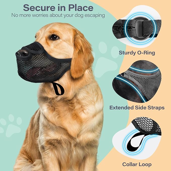 LUCKYPAW Dog Muzzle for Large Medium Small Dogs, Mesh Muzzle for Dog to Prevent Biting Chewing Licking Eating, Soft Dog Muzzle with Front Opening Design for Drinking Panting (Black, S)