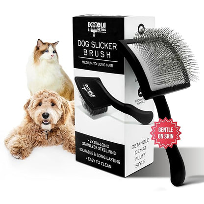 Slicker Brush for Goldendoodles and Long Haired Dogs Black Finish Long Stainless Steel Pins for Detangling and DeMatting Grooming Tool for Home by Doodle Me This Kingston and Hamilton