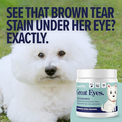 Great Eyes - Safe & Gentle Tear Stain Remover for Dogs - Natural Eye Wipes for Dogs - Made in The USA & Easy to Use Pre-Soaked Wipes - 100 Wipes