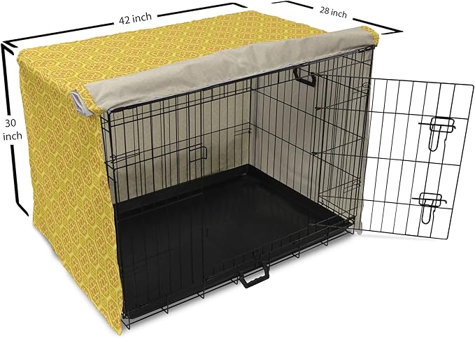Lunarable Mustard Dog Crate Cover, Exotic Ornate Style Baroque Inspired Tiles Portuguese Culture Design Print, Easy to Use Pet Kennel Cover for Medium Large Dogs, 42 Inch, Earth Yellow