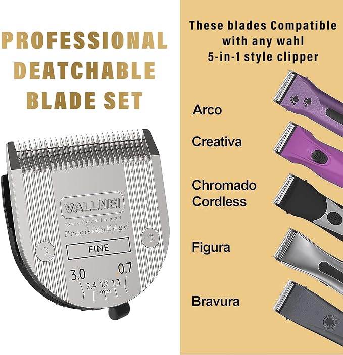 3 Pack Detachable Adjustable Pet Dog Grooming Clipper 5-in-1 Blade Compatible with WAHL Professional Animal Blade Arco, Bravura, Chromado, Creativa, Figura, and Motion Pet, Dog, and Horse Clippers