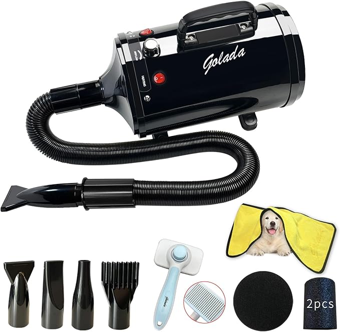 High Velocity Professional Dog Grooming Dryer,Adjustable Temperature and Speed Hair Dryer for Pets with 4 Nozzles