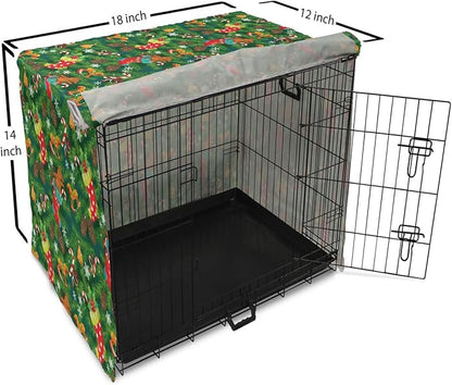 Ambesonne Christmas Dog Crate Cover, Xmas Accessories Stockings Candies Horse Teddy Bear on Pine, Easy to Use Pet Kennel Cover for Small Dogs Puppies Kittens, 18 Inch, Green Brown