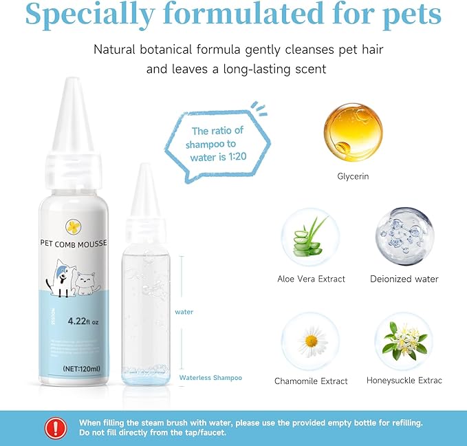 Pet Steam Brush for Dog & Cat – 3-in-1 Spray Hair Removal Comb – Steam Brush for Shedding & Grooming – Spritz Defur Comb – Includes Ear Wipes
