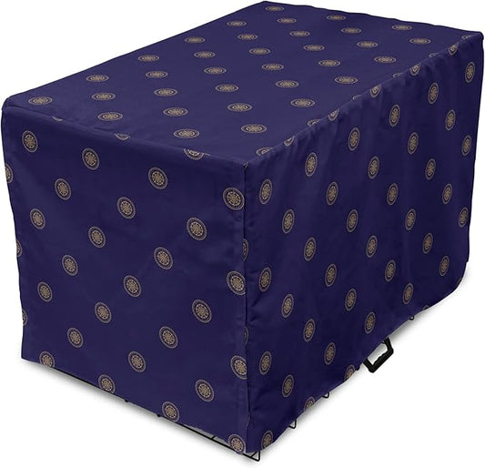 Lunarable Compass Rose Dog Crate Cover, Navigation Themed Vintage Gears Tools in Dark Tones Illustration, Easy to Use Pet Kennel Cover for Cats & Medium Dogs, 30 Inch, Indigo and Dark Mustard