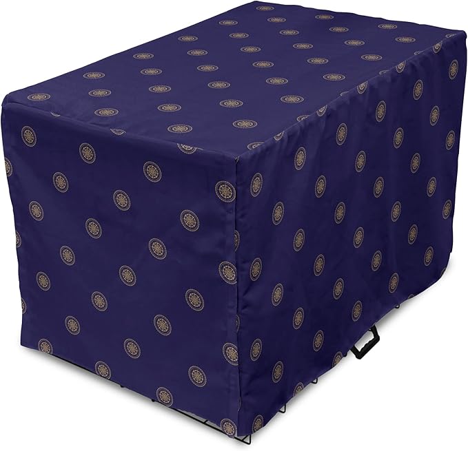 Lunarable Compass Rose Dog Crate Cover, Navigation Themed Vintage Gears Tools in Dark Tones Illustration, Easy to Use Pet Kennel Cover for Medium Large Dogs, 36 Inch, Indigo and Dark Mustard