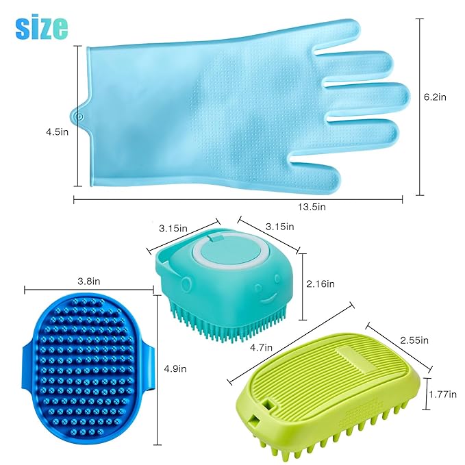 4-Piece Rubber Pet Grooming Kit for Dogs and Cats - Gentle Deshedding Brush & Massage Gloves, Suitable for Short & Long Hair, Bathing and Shedding Tool（3 * Blue+Green）