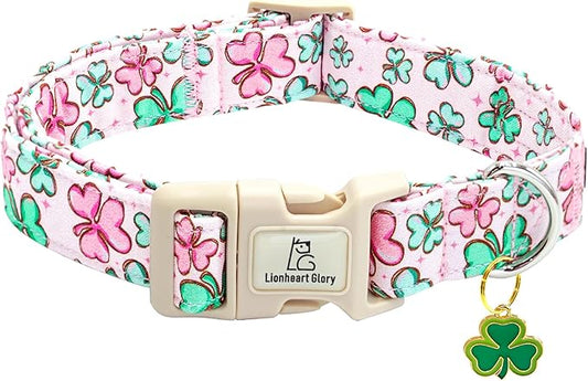 Lionheart glory St. Patrick's Day Dog Collar, Clover Collars Pink Dog Collar for Small Dogs Spring Female Dog Collar Adjustable Heavy-Duty Puppy Collar Pet Gift Plastic Buckle