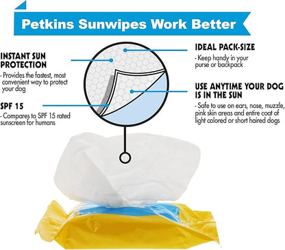Petkin Dog Sunscreen Sunwipes (2-Pack) - Sunscreen for Dogs, SPF 15 - Simply Wipe on Anytime for Instant Sun Protection - Includes 20 Jumbo Size Wipes, Vanilla Coconut Scent - Ideal for Home or Travel