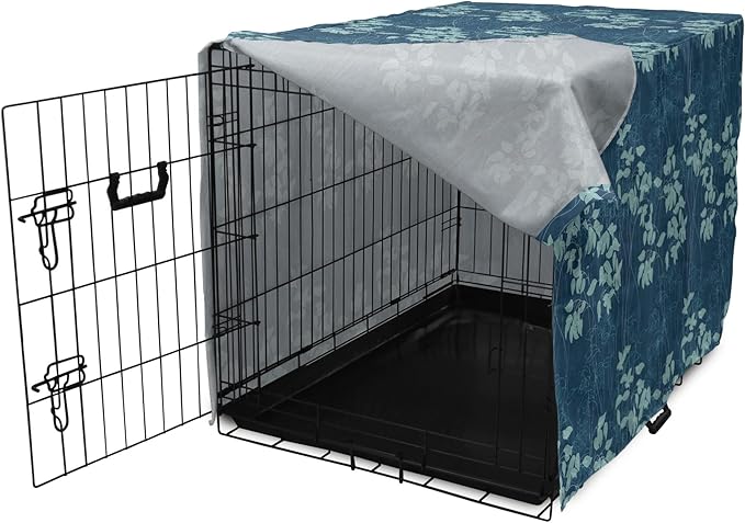 Lunarable Blue Floral Dog Crate Cover, Abstract Leaves and Outlines Rural Field Garden Foliage Art, Easy to Use Pet Kennel Cover for Small Dogs Puppies Kittens, 18 Inch, Green Night