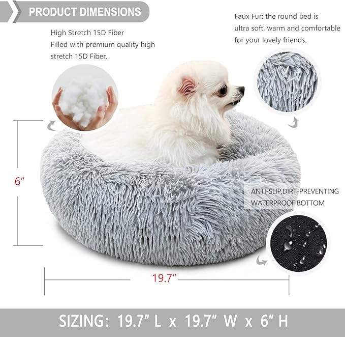 nononfish Dog Bed for Small Dogs，Gray Cute Plush Dog Bed ，19 inches Anti Anxiety Puppy Bed Washable，Machine Washable Fits up to 15 lbs Pets Beds for Small Dog.