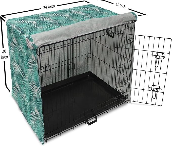 Lunarable Leaf Dog Crate Cover, Fresh Tropical Exotic Island Palm Tree Leaves in Jungle Abstract Watercolor, Easy to Use Pet Kennel Cover for Cats & Medium Dogs, 24 Inch, Pale Blue and Green