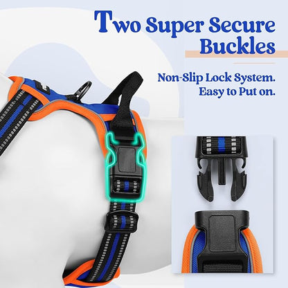 rabbitgoo Dog Harness, No-Pull Pet Harness with 2 Leash Clips, Adjustable Soft Padded Dog Vest, Reflective No-Choke Pet Oxford Vest with Easy Control Handle for Large Dogs, Blue & Orange, XL