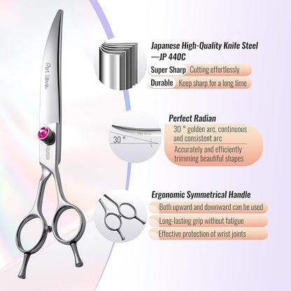 Curved Dog Grooming Scissors 7.5 inch Professional Curved Shears Dog Grooming for Poodle Large Dog Pet 30 Degree Japanese 440C Right Handed Super Sharp Purple Diamond(7.5,Curved)