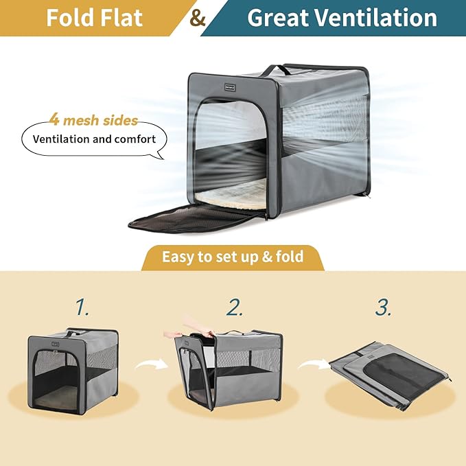 PETSFIT Portable Dog Crate, Travel Dog Crate - 24 Inch with Thicken Mat, Easy to Fold, Sturdy and Portable, Perfect for Traveling, Soft Dog Kennel Grey