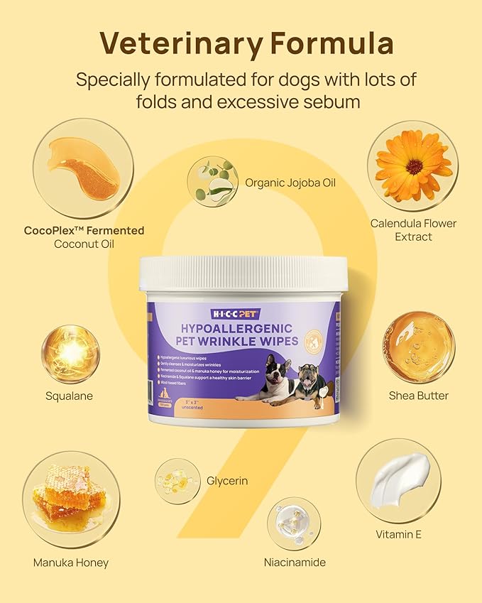 HICC PET Cleansing and Deodorizing Tear Stain Wipes, with Coconut Oil to Nourish Coat, Hypoallergenic Formula, 100 Count