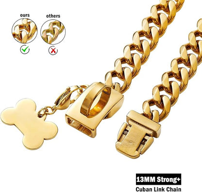 Gold Chain Dog Collar,13MM Strong Stainless Steel Cuban Link Chain Necklace Collar for Small Dogs(10'' Length)