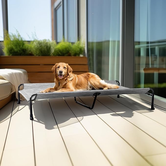 Veehoo Cooling Elevated Dog Bed, Raised Dog Beds for Large Dogs, Outdoor Dog Bed with Guardrail, Upgraded Non-Slip Feet, Breathable Teslin Mesh, Portable Camping Dog Cot, 53 x 33 Inches, Black Silver