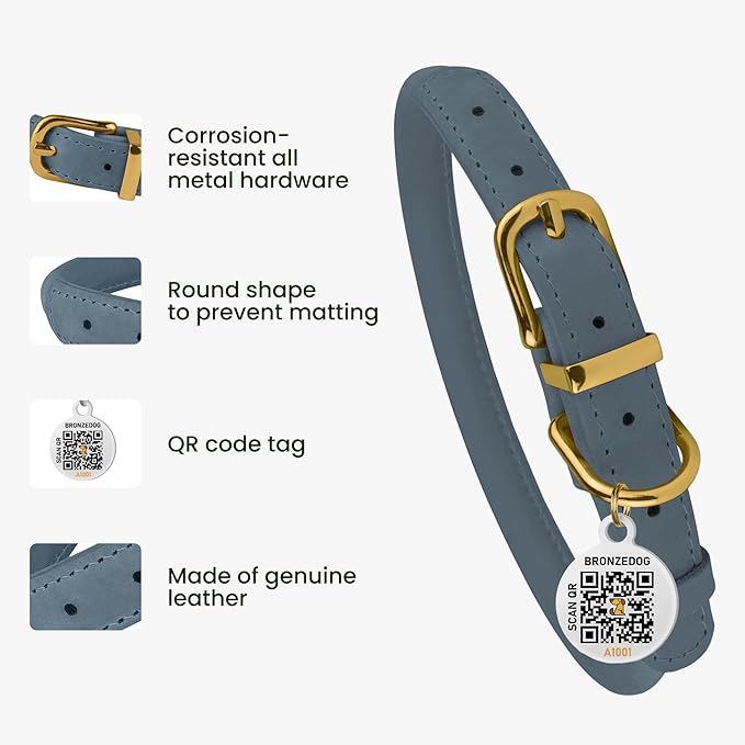 BRONZEDOG Rolled Leather Dog Collar with QR ID Tag Adjustable Soft Round Collars for Small Medium Large Dogs Puppy Cat (9" - 11" Neck Size, Denim)