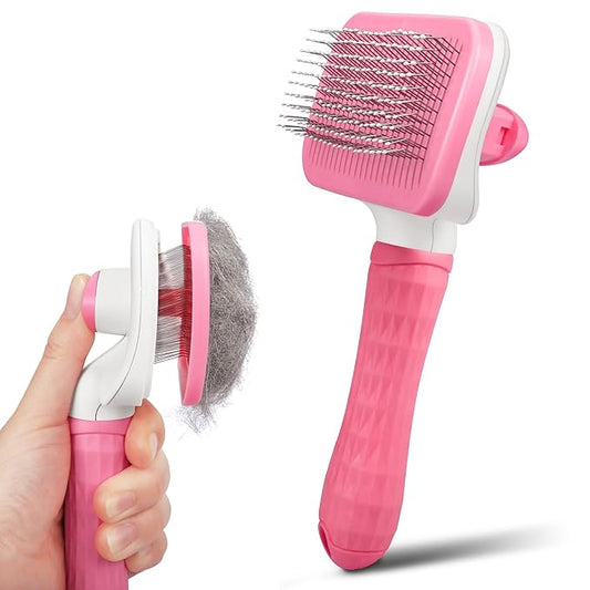 Self Cleaning Slicker Brush for Pets, Massaging & Grooming, Removes Loose Undercoat & Portable Comb for Long Short Haired Dogs & Cats (Pink)