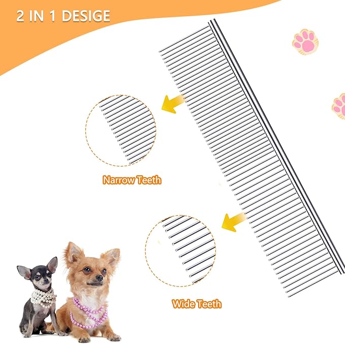 Pet Grooming Combs with Rounded Tips, Stainless Steel Bristles, Easy Detangling Tool for Long & Short Haired Dogs, Cats, and Other Furry Friends, Ideal for Daily Brushing