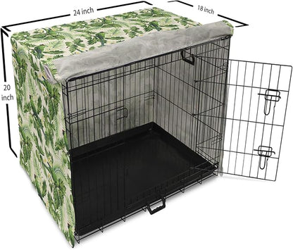 Lunarable Green Dog Crate Cover, Exotic Tropic Pattern with Palm Leaves Breadfruits Plumeria Flowers and Parrots, Easy to Use Pet Kennel Cover for Cats & Medium Dogs, 24 Inch, Lime Green Cream