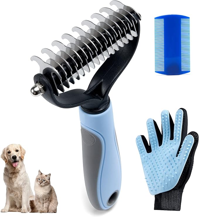 Pet Grooming Brush - Deshedding Brush, Double Sided Shedding and Dematting Undercoat Rake Comb for Dogs and Cats, Deshedding Tool for Grooming