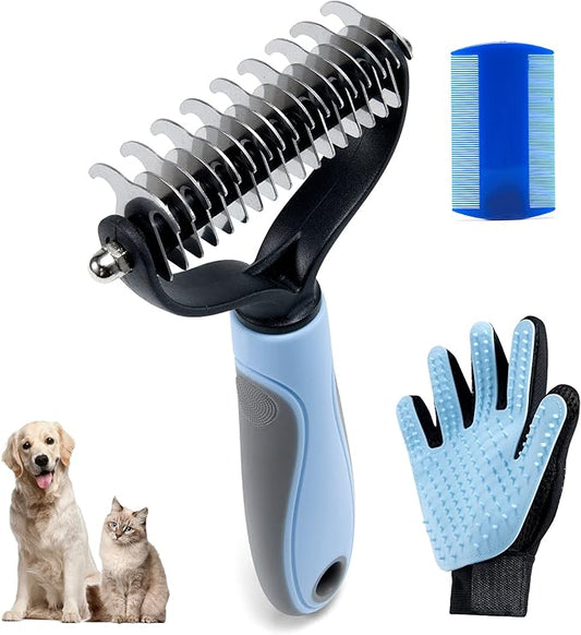 Pet Grooming Brush - Deshedding Brush, Double Sided Shedding and Dematting Undercoat Rake Comb for Dogs and Cats, Deshedding Tool for Grooming