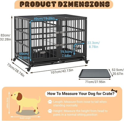 Metal Dog Crate, 42 Inch Heavy Duty Dog Crate with Divider, 2 Feeding Door and Bowls, Dog Kennel Indoor with Wheels, for 2 Small Dogs/1 Large Dog