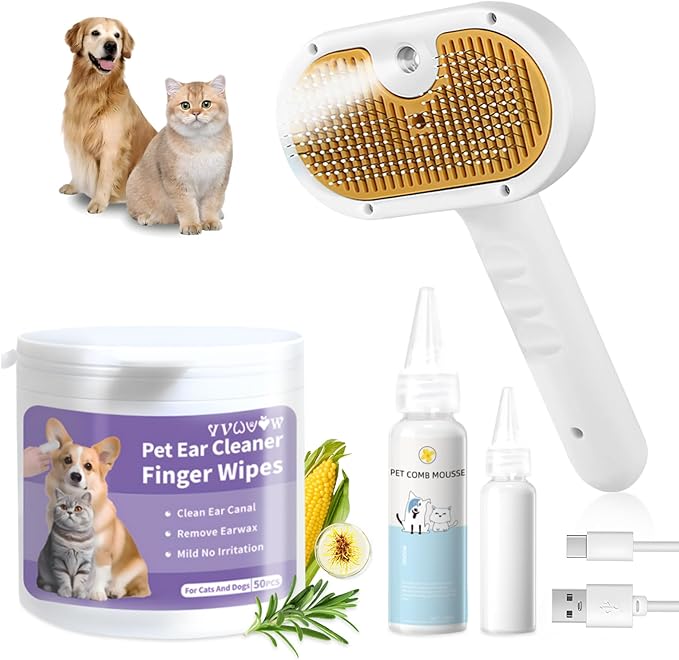 Pet Steam Brush for Dog & Cat – 3-in-1 Spray Hair Removal Comb – Steam Brush for Shedding & Grooming – Spritz Defur Comb – Includes Ear Wipes