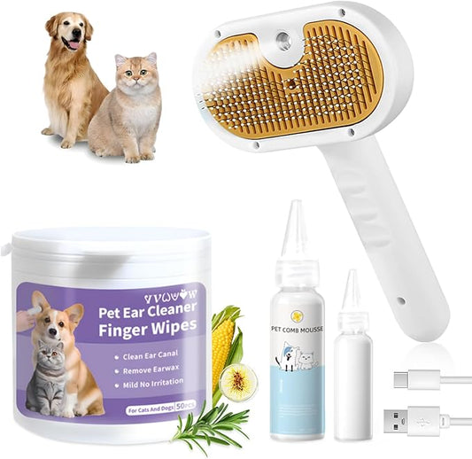 Pet Steam Brush for Dog & Cat – 3-in-1 Spray Hair Removal Comb – Steam Brush for Shedding & Grooming – Spritz Defur Comb – Includes Ear Wipes