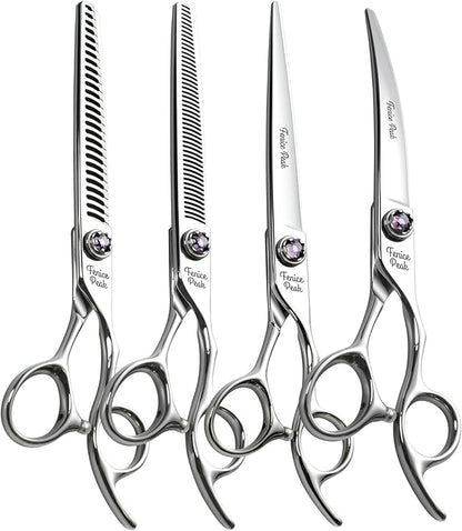 Fenice Peak 7 inch Dog Grooming Scissors Set 4PCS Straight Curved Thinner Chunker Professional Dog Shears Made of Japanese 440C Stainless Steel with Jewelled Screw Durable and Sharp