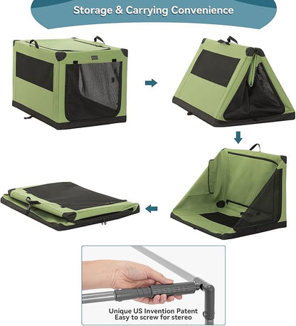PETSFIT Soft Dog Crate, Dog Travel Crate - 36 Inch Lightweight, Easy Setup, sturdy Portable Dog Crate, Adjustable Framework with 3 Mesh Door, Soft Sided Collapsible Dog Kennel Green